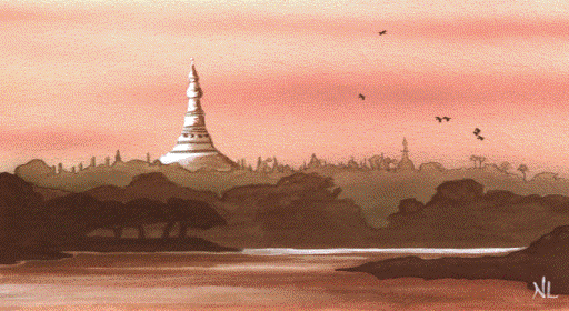 A distant fantasy city beside a lake at sunset